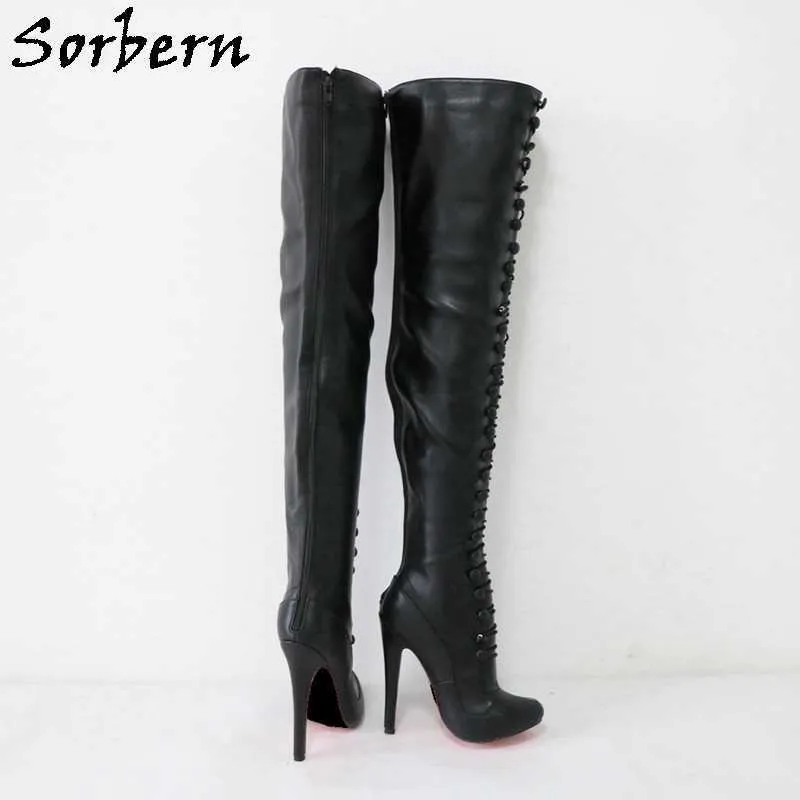 Sorbern Retro punta redonda medio muslo botas altas mujeres tacón alto Stilettos botón personalizado bota larga cremallera trasera muslos gruesos personalizados