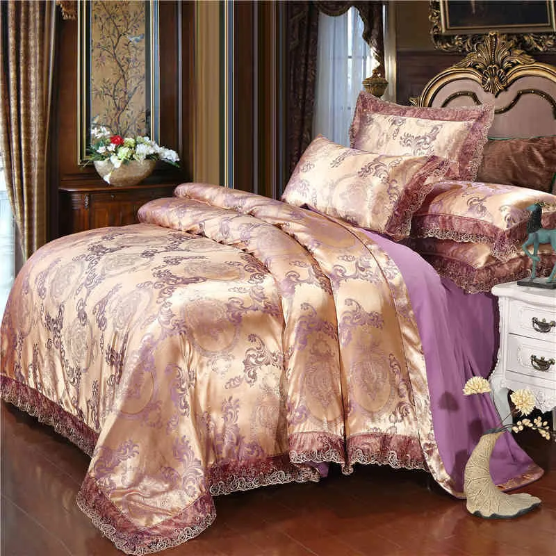 Luxus 2 oder Spitzenbettwäsche Set Hochwertiger Satin Jacquard Bettbedeckungssätze 1 Quilt + 1/2 Kissenbezüge Twin Queen King King