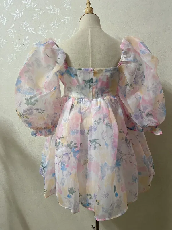 2022 Princess Tie dye Colored Floral Print Organza Ball Gown Dress Puff Sleeve Women Swing Mini Dresses Fairy Robe Vestidos 220511