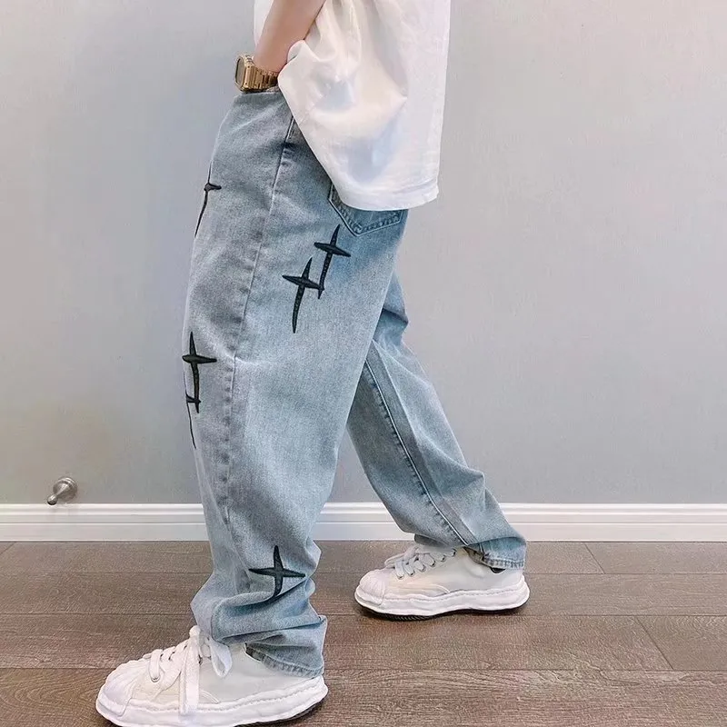 Vibe Style Cross Embroidery Retro Washed Men Baggy Jeans Trousers Hip Hop Distressed Vintage Denim Pants Pantalons s 220621