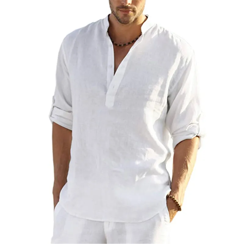 Casual Hommes Coton Lin Chemises D'été Lâche À Manches Longues Solide T-shirt Mode Vneck Respirant Mâle Blouse Chemise Tops 220726