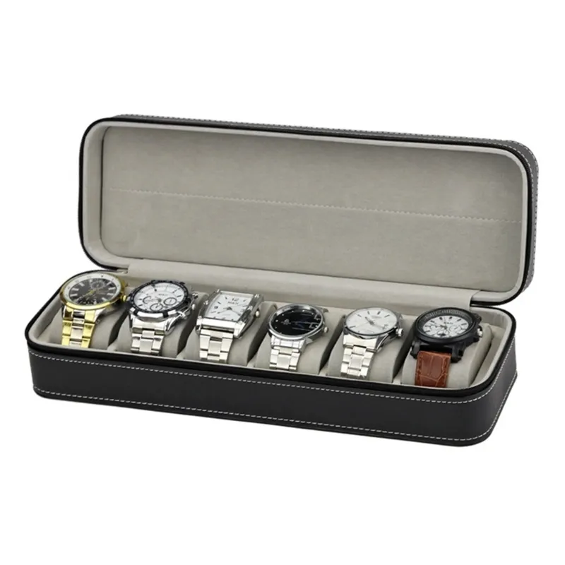 Uhrenbox mit 6 Fächern, tragbares Reiseetui mit Reißverschluss, Sammleraufbewahrung, Schmuck 220624