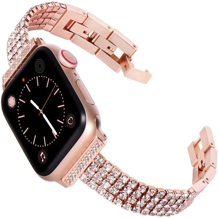Bracelet de montre Bracelets Alliage Bijoux Diamant Chaîne Bracelet Lien Bracelet Foret Métal pour Apple Watch Série 7 6 5 4 Taille 42 44 45 38 40 41mm
