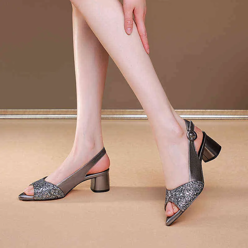 Обувь платье Элегантные натуральные кожаные женские тапочки лето густые высокие каблуки сандалии для женщин рабочего дома женщина 220318