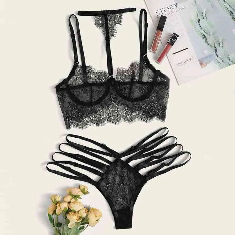 Sexy Lingerie Women Underwear Set Women Choker Embroidery Lace Collar Bra Sexy Lingerie With Thong Set Underwear Hot Exotic L220727