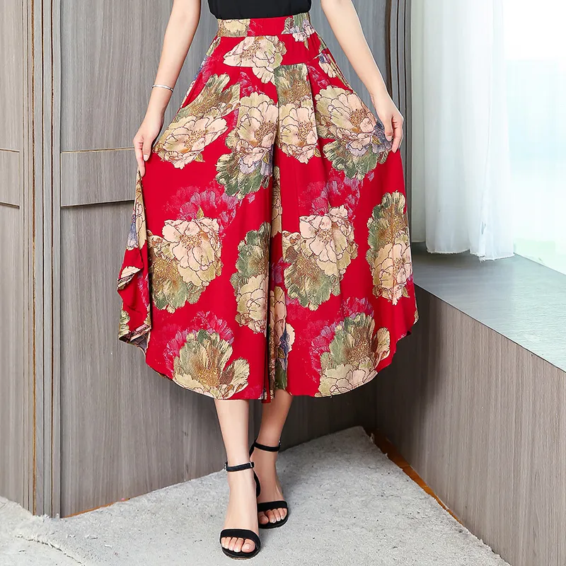 Autumn Spring Print Woman's Pants Wide Leg Trousers for Female High Elastic Waist Ladies Skirt with Pockets 220325