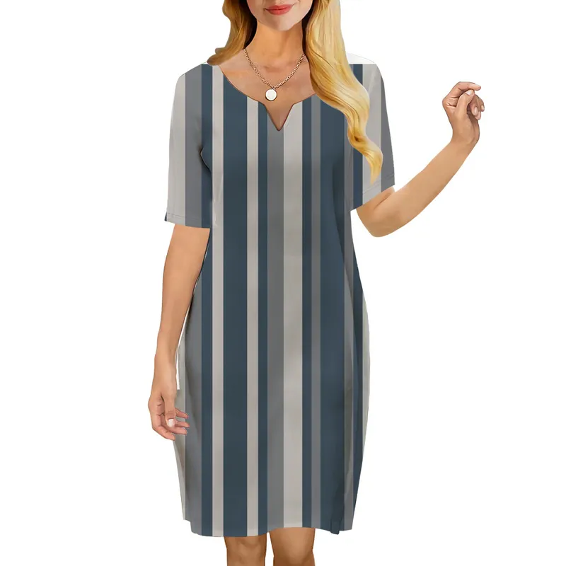 Women Dress Retro Vertical Stripes 3D Printed Vneck Loose Casual Short Sleeve Shift Dress for Female Dresses Summer 220616