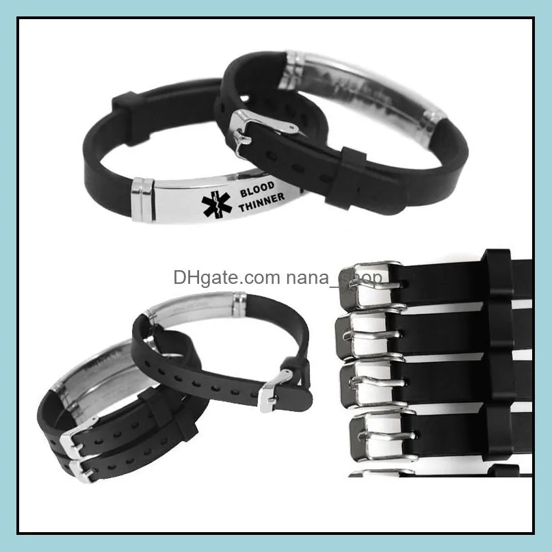 Sport Silicone Medical Alert ID Bracelets For Men Women DIABETES Serious Illness Emergency Remind Stainless Steel Engravable Bracelet