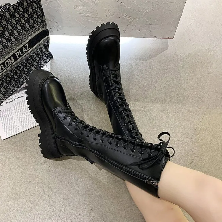 Femmes moto bottes compensées chaussures plates femme talon haut plate-forme en cuir PU à lacets filles noires 220813