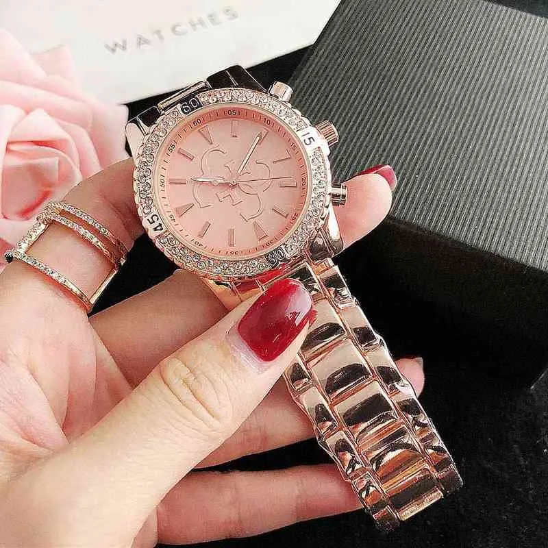 Brand Watch Women Girl Diamond Big Letters Style Metal Steel Band Quartz Wrist Watch GS 45255H