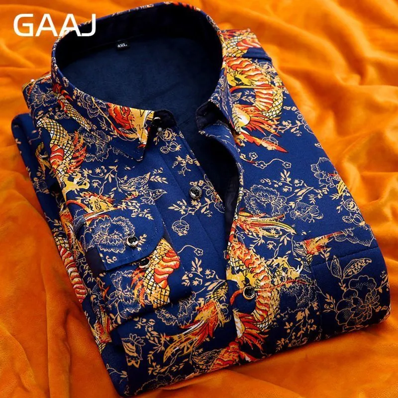 GAAJ camisa de hombre de manga larga Floral Formal de moda estampado a cuadros camisas casuales de algodón Social cálido con piel para hombres 220322