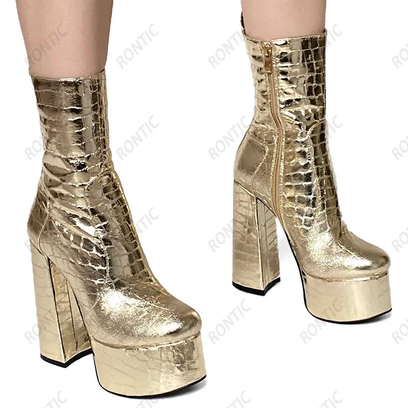 Rontic Yeni Moda Kadınlar Platformu Ayak Bileği Çizmeler Taş Desen Unisex Tıknaz Topuk Gümüş Siyah Altın Gece Kulübü Ayakkabı ABD Boyutu 4-10.5