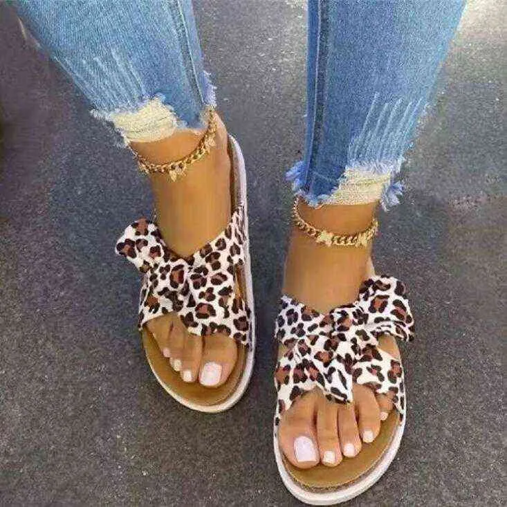 Estate nuove donne sandali con fiocco stampa leopardata piattaforma open toe scarpe da spiaggia di grandi dimensioni il tempo libero all'aperto pantofole220514