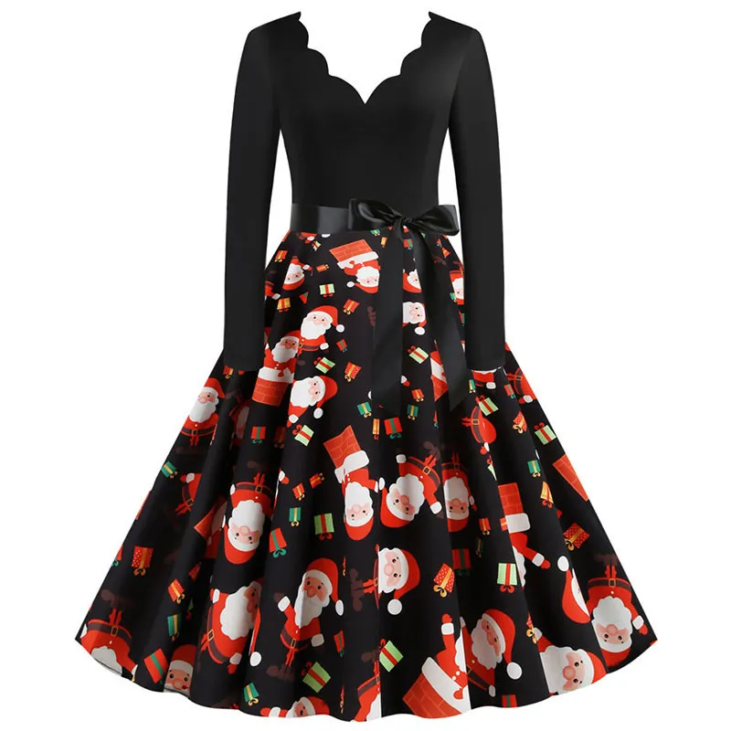 Robe De Noël Femmes Hiver À Manches Longues Col En V Élégant Vintage Père Noël Imprimer Xmas Party Outfits Noir Big Swing Plus La Taille 220418