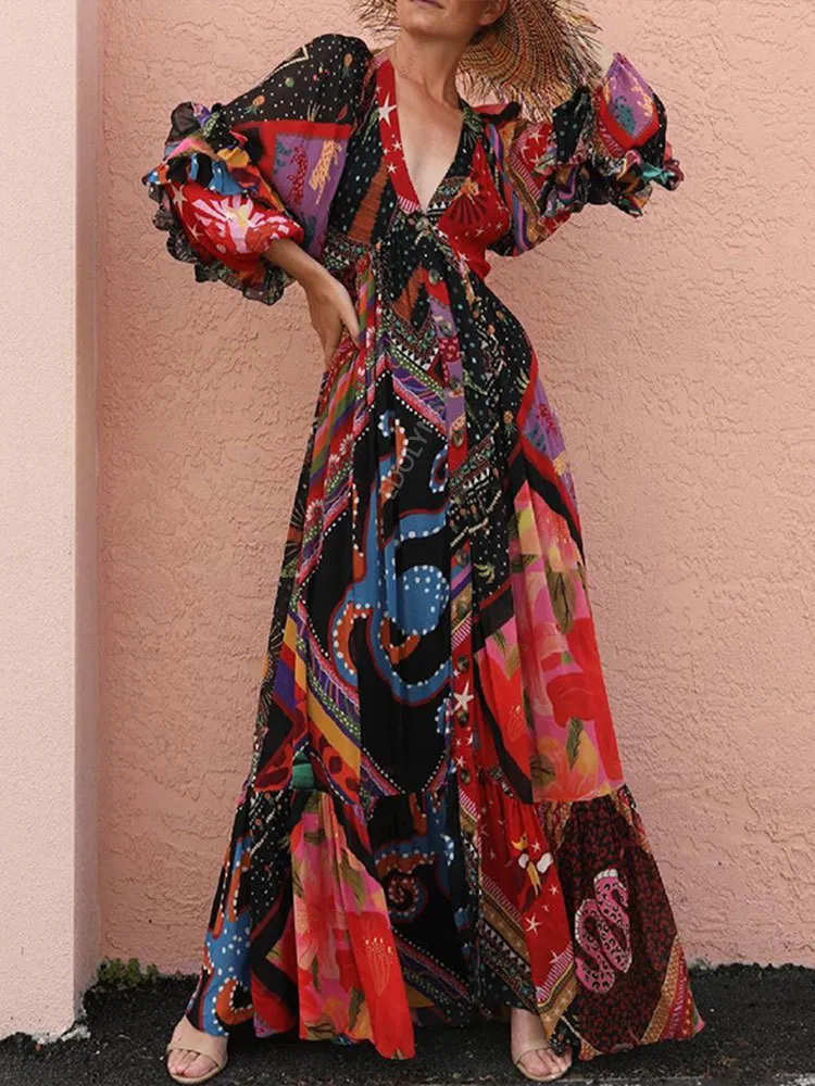 Boho Gedrukte gegolfde maxi-jurk sexy v-neck bisschop mouw club feestjurken elegante tuniek vrouwen zomerkleding a1226 220510