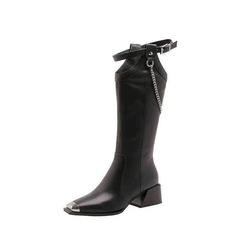 Bottes femmes nouveau métal bout carré talon épais chaîne boucle de ceinture noir côté fermeture éclair rue moto 220709