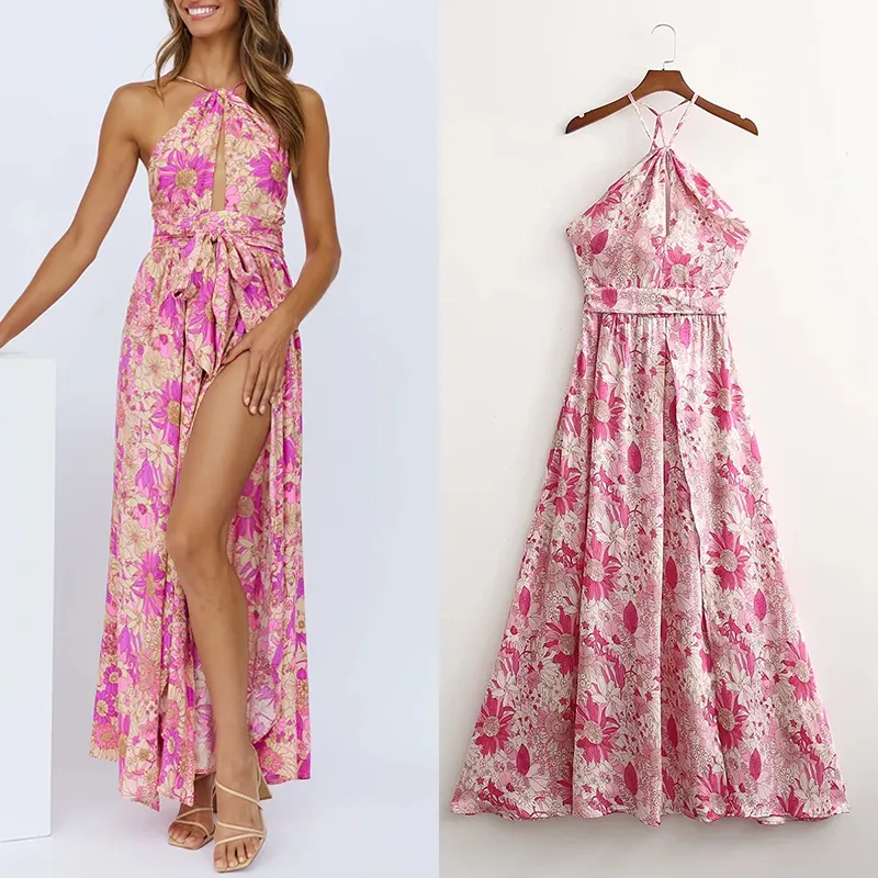 Foridol Casual Floral Boho Elegant French Dress Women Pink Flower Print Bohemian Beach Style Summer Mini Dress 220531