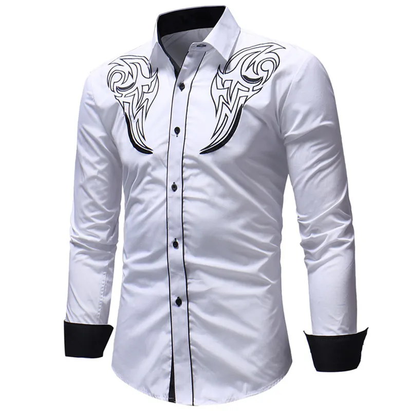 Mode Heren Geborduurd Western Shirt Lange Mouw Slim Casual Shirt 220801