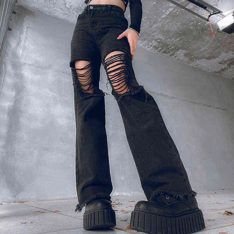 WeiYao Avant Trous Goth Grunge Droite Jeans Femmes Taille Haute Distressed Denim Pantalon Street Style Casual Noir Jean Pantalon T220728
