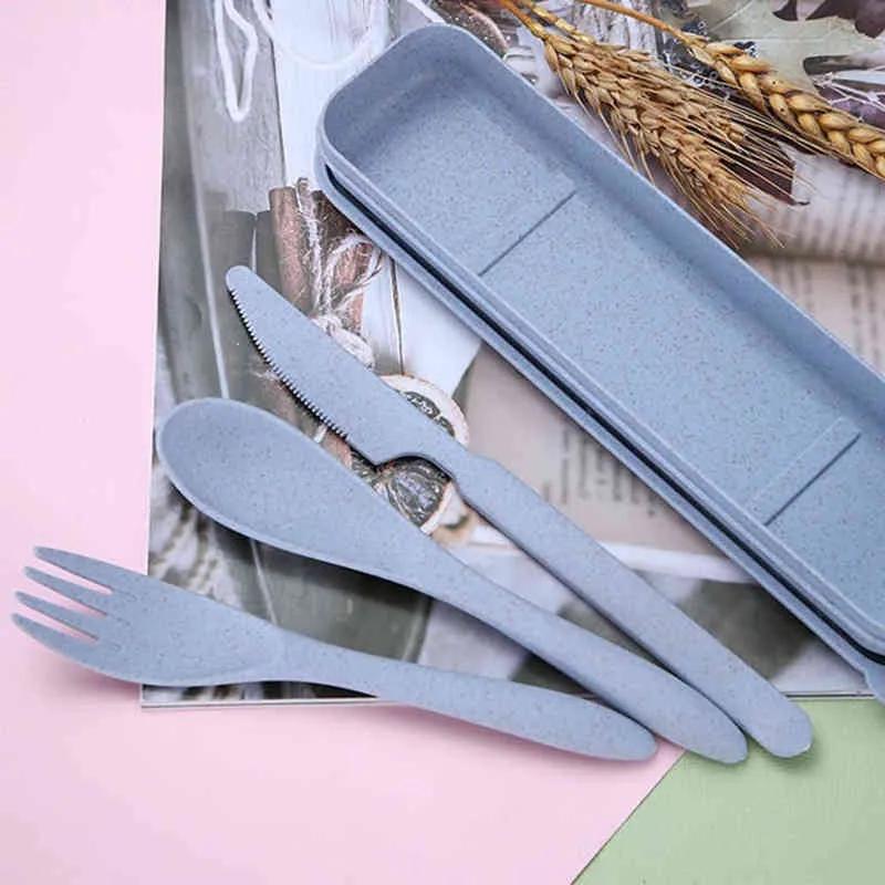 Travel Utensil Set With Case Wheat Straw Reusable Spoon Chopstick Fork Portable Camping Cutlery Set For Kids Adult Travel Picnic Y220530