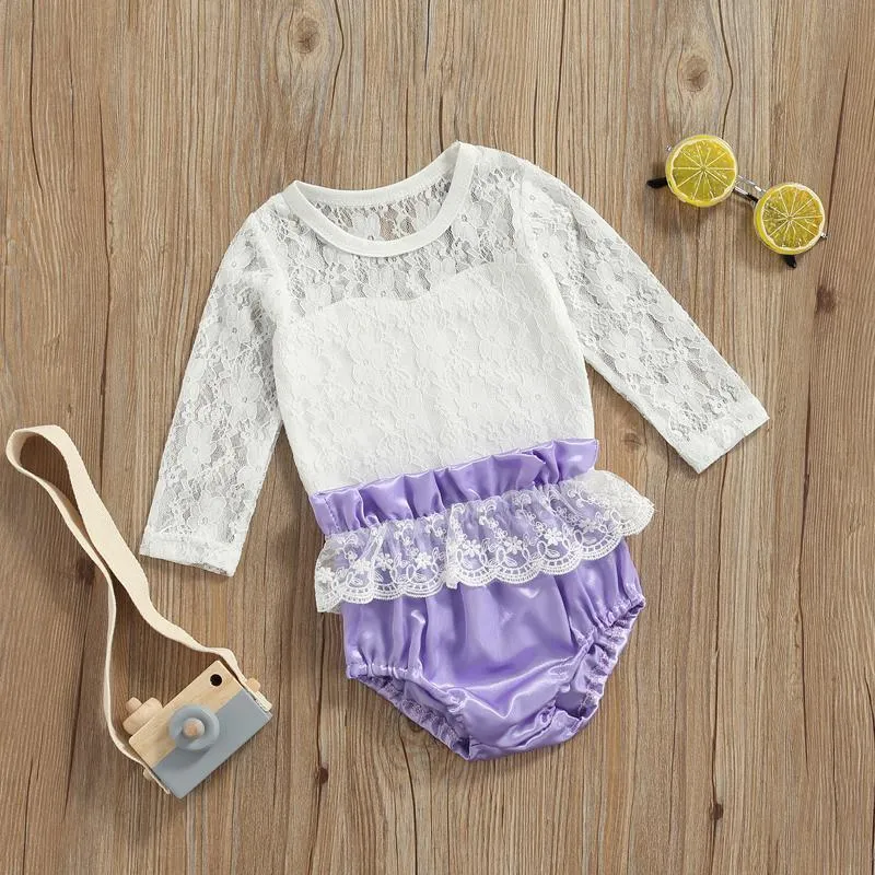 Kläder sätter prinsessa baby flickor kläder 2 st 0-24m spets blommig långärmad romper topps+elastiska ruffles shorts