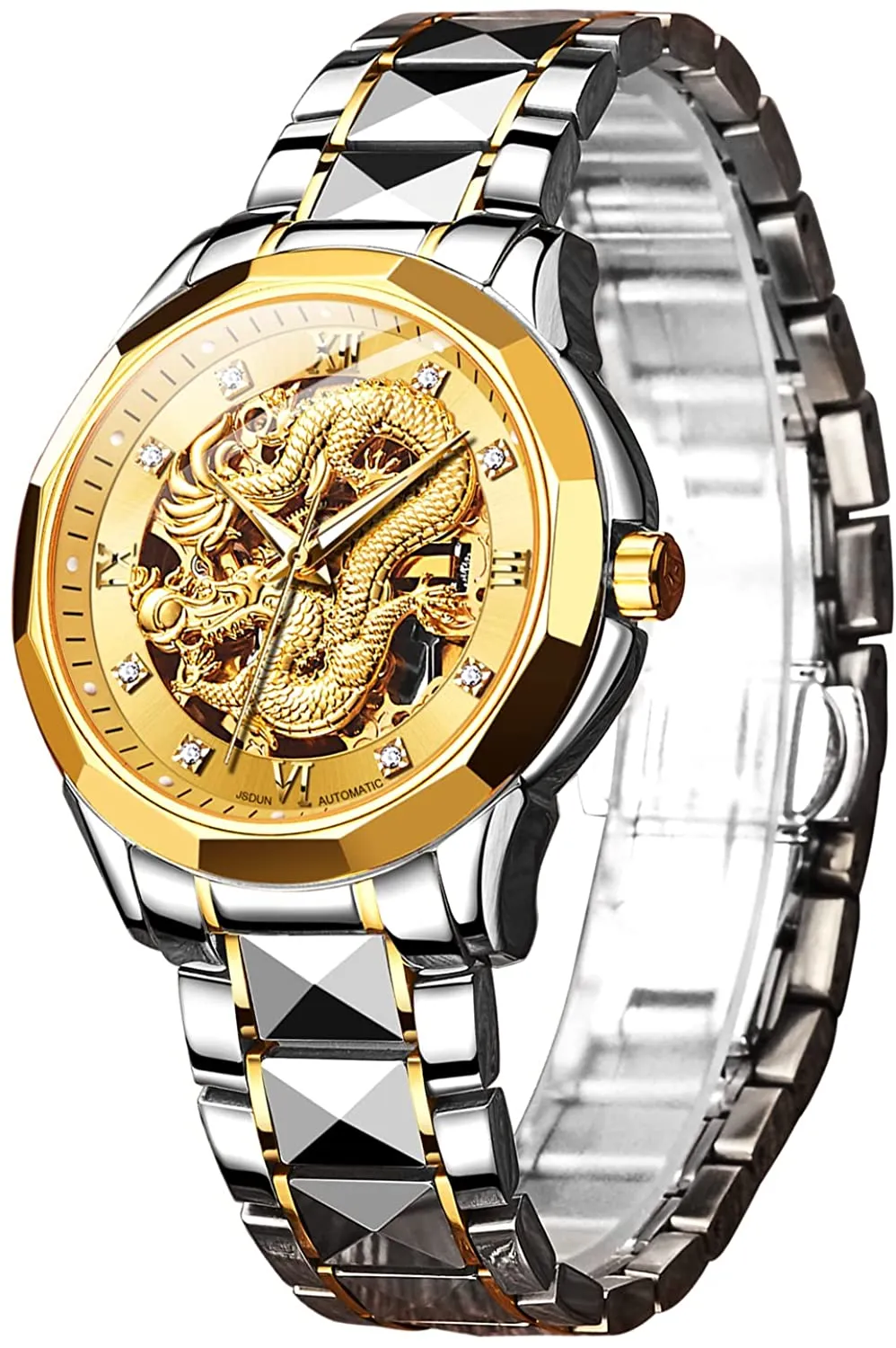 Skeleton Gold Watches for Men Automatic Dragon Mechanical Business Dress with Stainless steel Luminous Waterproof Diamond Fashion WristWatch