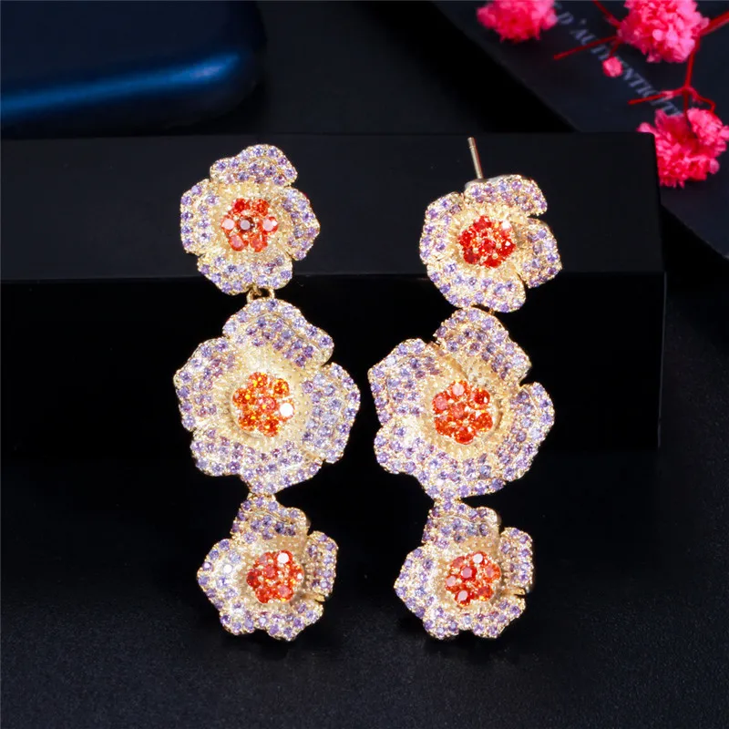 Vintage parkling charm flowers 18k gold diamond earring designer for woman party 925 Sterling Silver Post Purple AAA Cubic Zirconi3566