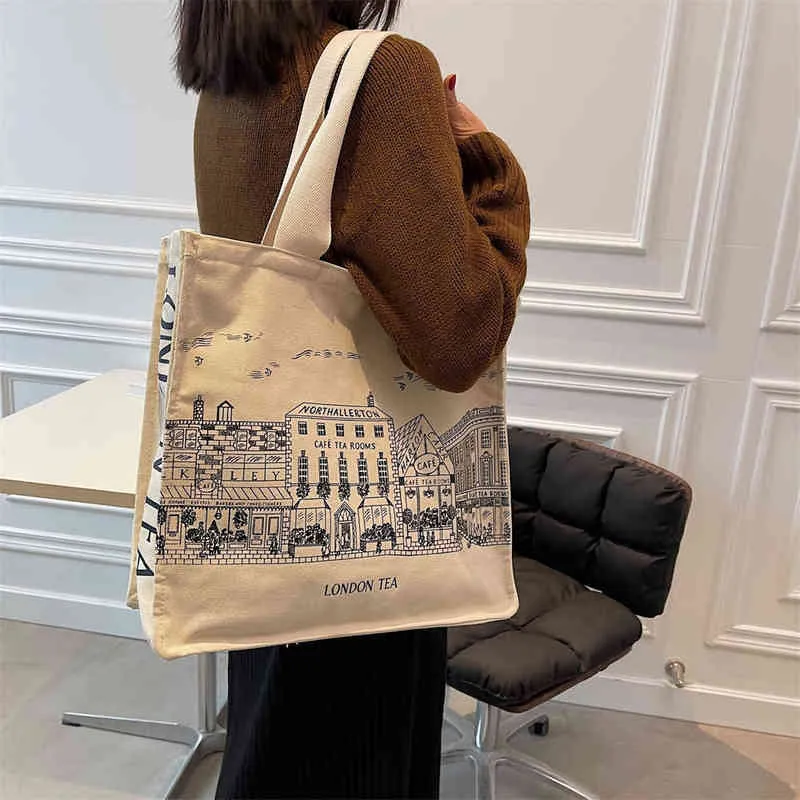 Сумки для покупок Женские литература и искусство плечо холст сумка мода печать студент простой корейский повседневная сумка для покупок большой емкости сумка 220331