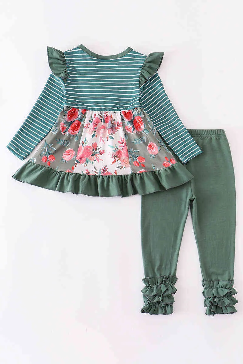 Girlymax outono/inverno irmão wear bebê meninas verde escuro floral flor babados leite seda listra calças conjunto macacão crianças roupas