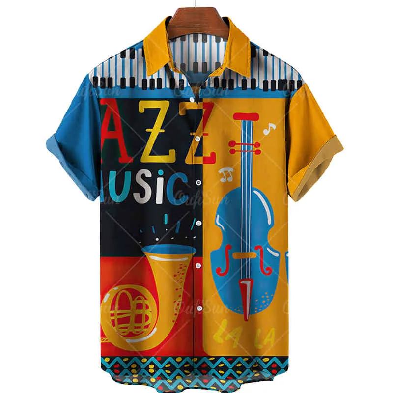 Drukowane koszule męskie Lapel Hawajskie Koszule Letnie Przyciski Fajne Topy Nowe Gitary Wzory Muzyczne Unisex Oversized Vintage Odzież