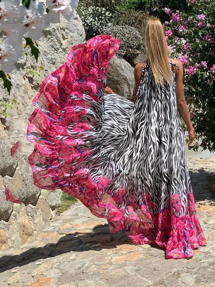 Casual Printed Loose Large Hem Dress Sexig ärmlös Lady Beach Maxi Dress Summer Fashion Elegant Boho Dresses A1080 220510