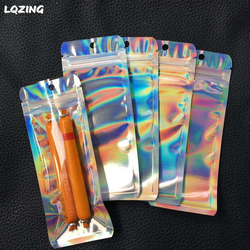 Laser Mylar Holographic Packaging Bags For Lip Gloss Reusable Foil Pouches One Side Clear Cosmetic Package Baggies
