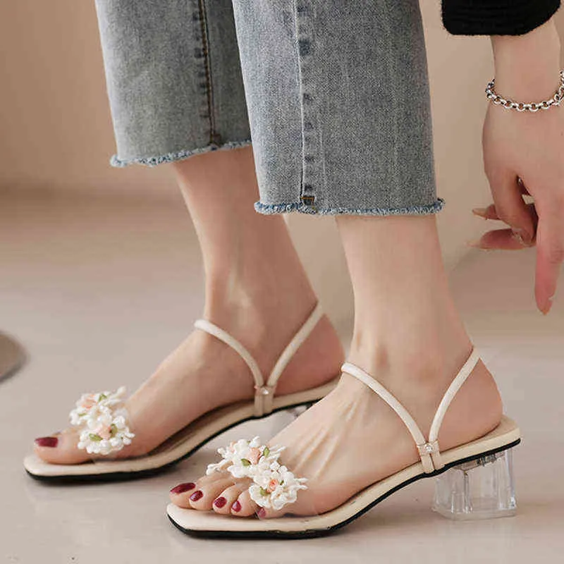 Sandals Lace Floral for Women 2022 Summer Fashion Square Toe Beach Slippers Woman Clear High Heels Sandalia Mujer 220419