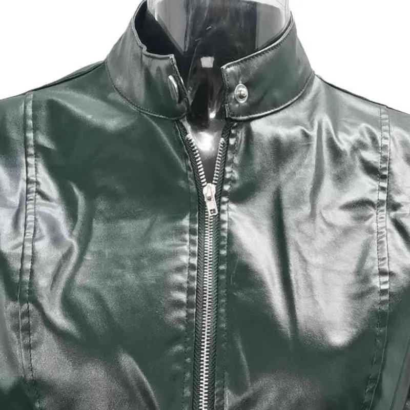 Automne couleur unie Faux cuir vestes pour femmes à manches longues col montant fermeture éclair pardessus Cardigan court mince PU manteau L220801