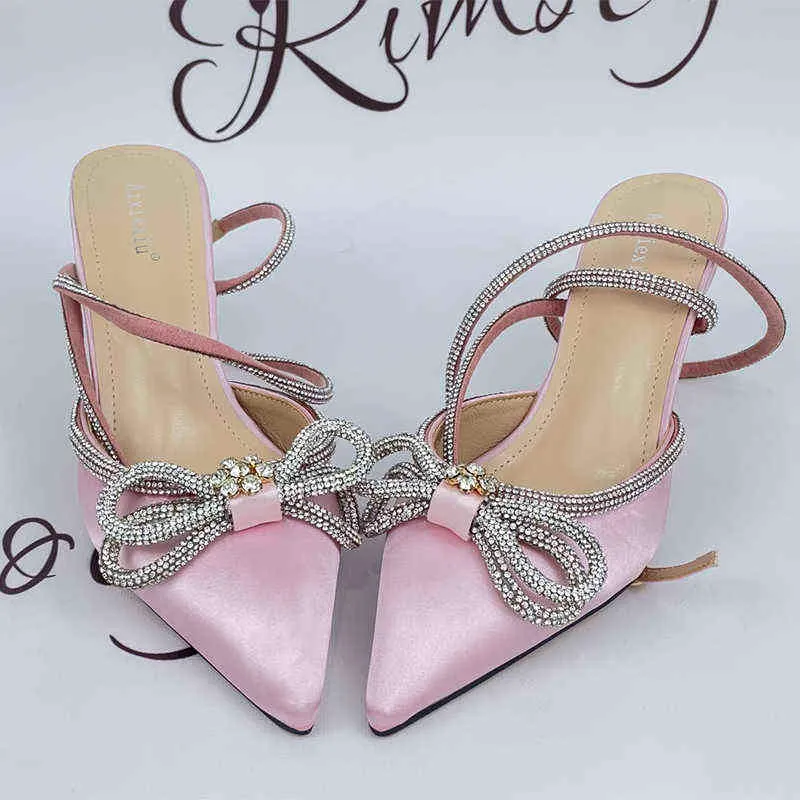Sexy Pointed Toe Rhinestone Pumps Women Crystal Ankle Strap High Heels Sandals Female 2022 Summer Silk Satin Wedding Shoes Woman G220519