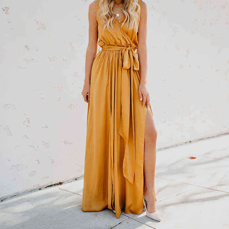 2021Women Summer New Style Bohemian Solid Color V-Neck Sleeveless High Slit Big Swing Dress Fashion Split Solid Color Girl Dress G220510