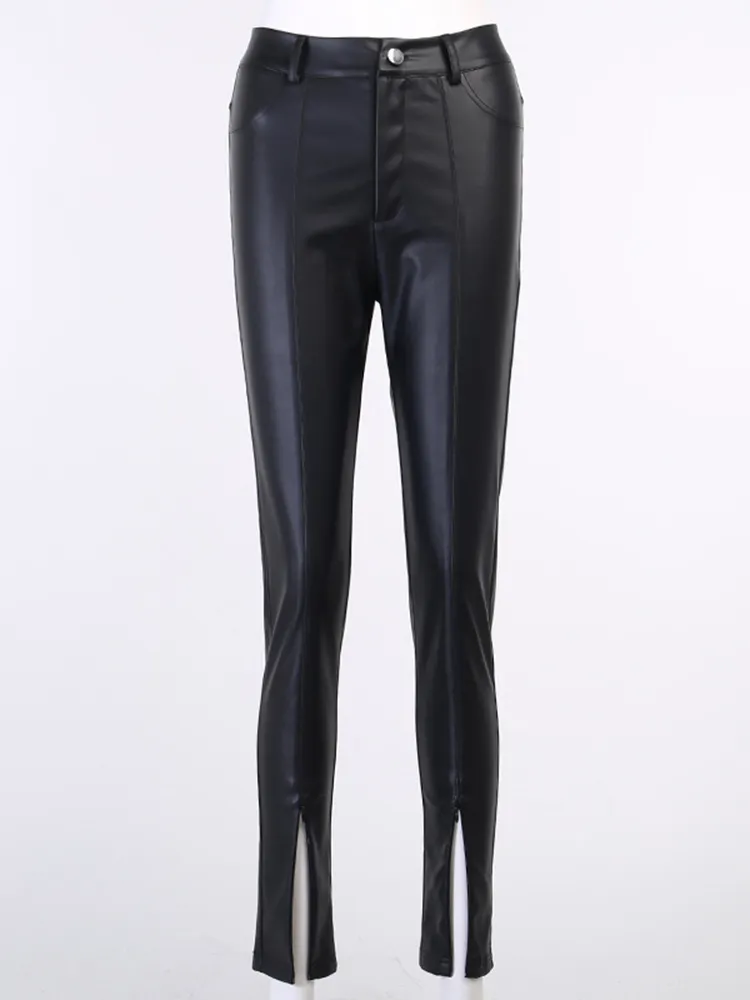 Insta décontracté fendu femmes pantalon taille haute fermeture éclair maigre Faux cuir s pantalon automne Streetwear femme bureau dame 220726