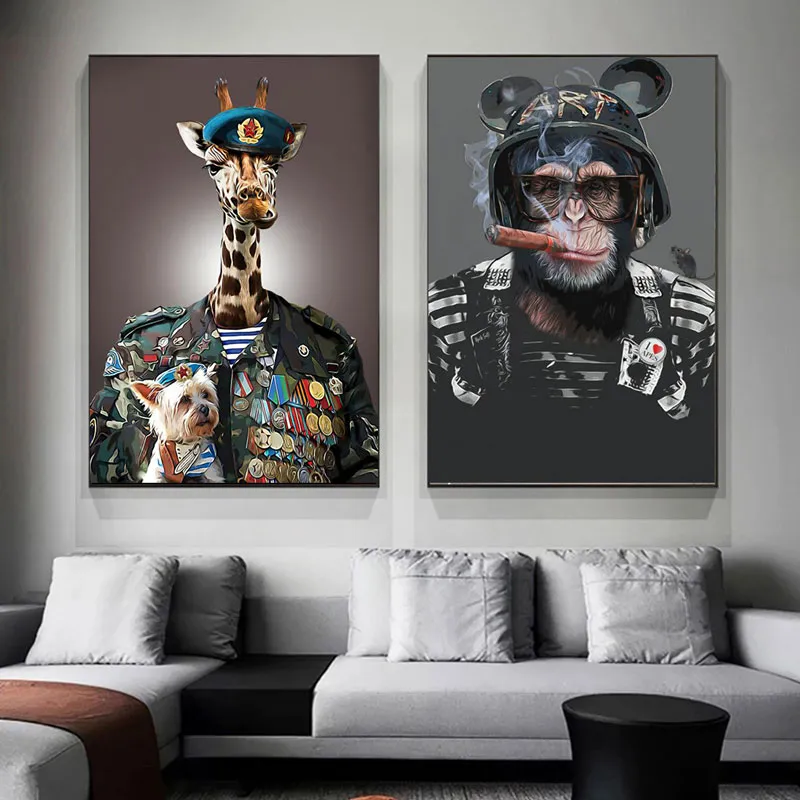 Monkey Lion Giraffe Posters e impress￵es Animal Retrato Arte da parede Telas de pintura de imagens para a sala Decora￧￣o dom￩stica