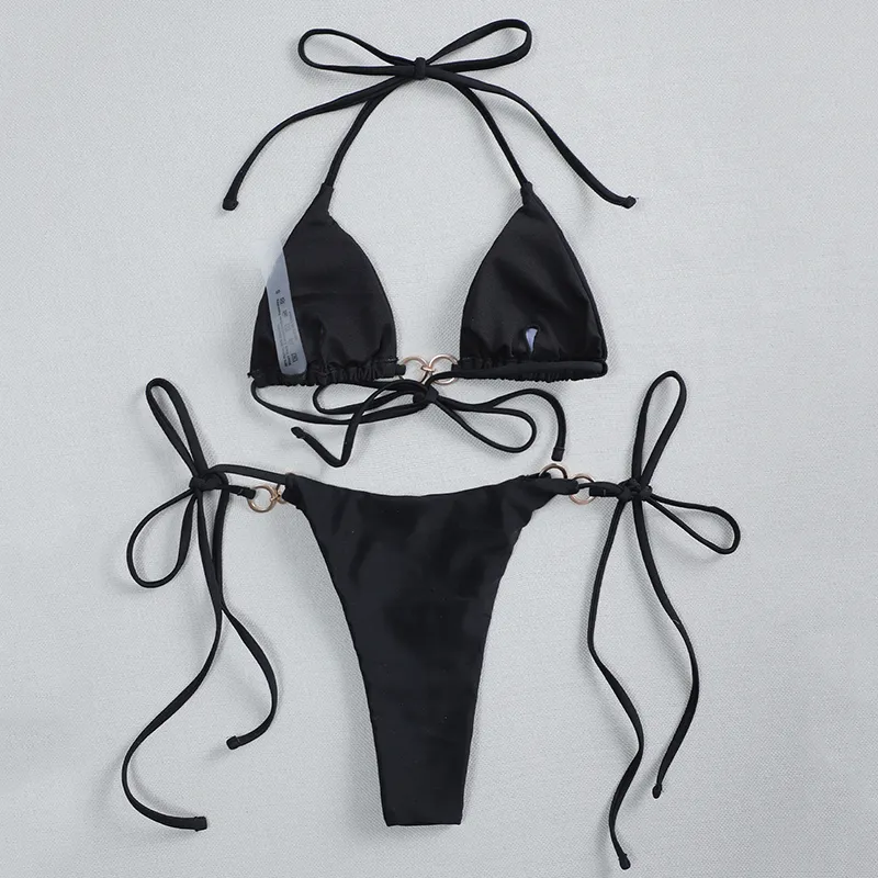 Metal Yüzükler Mikro Bikini Kadın Mayo Şınav Seti Mayo Kadın Siyah Brezilyalı Mayo Beachwear Biquini 220414