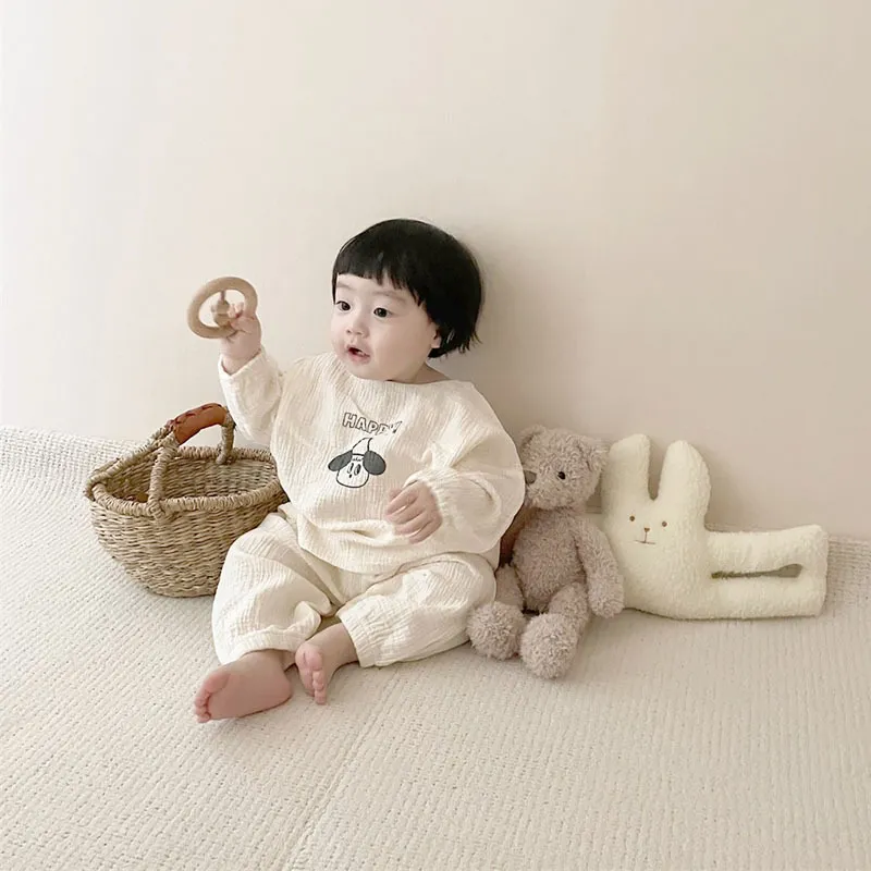 Conjunto de ropa de lino de algodón para bebé, tops casuales de dibujos animados a cuadros + pantalones, 2 uds., conjunto de bebé, lindo niño, niñas, cómodos trajes infantiles 220509
