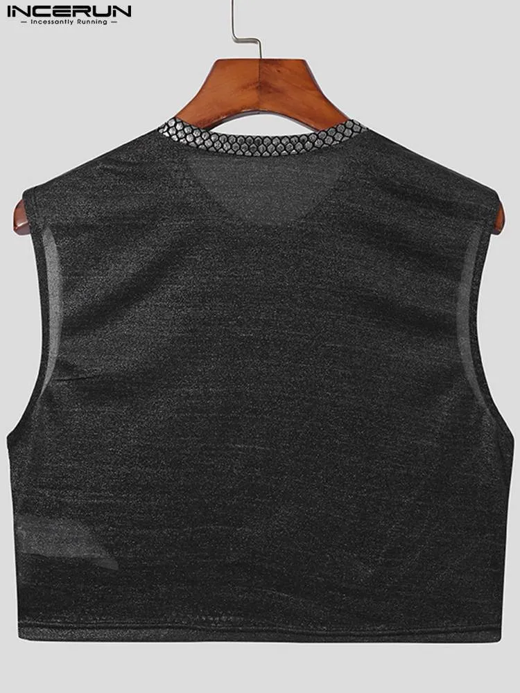 INCERUN Fashion Men Tank 1 Patchwork lucido Oneck senza maniche Crop Top See Through Streetwear Party Niglub Gilet 7 220623