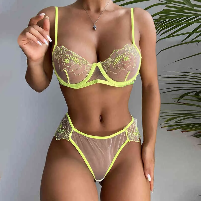 Bra Erotic Short Sets Women Floral Lace Embroidery Mesh Push Up Bra And Panty Two Piece Underwire Sensual Comes L220727