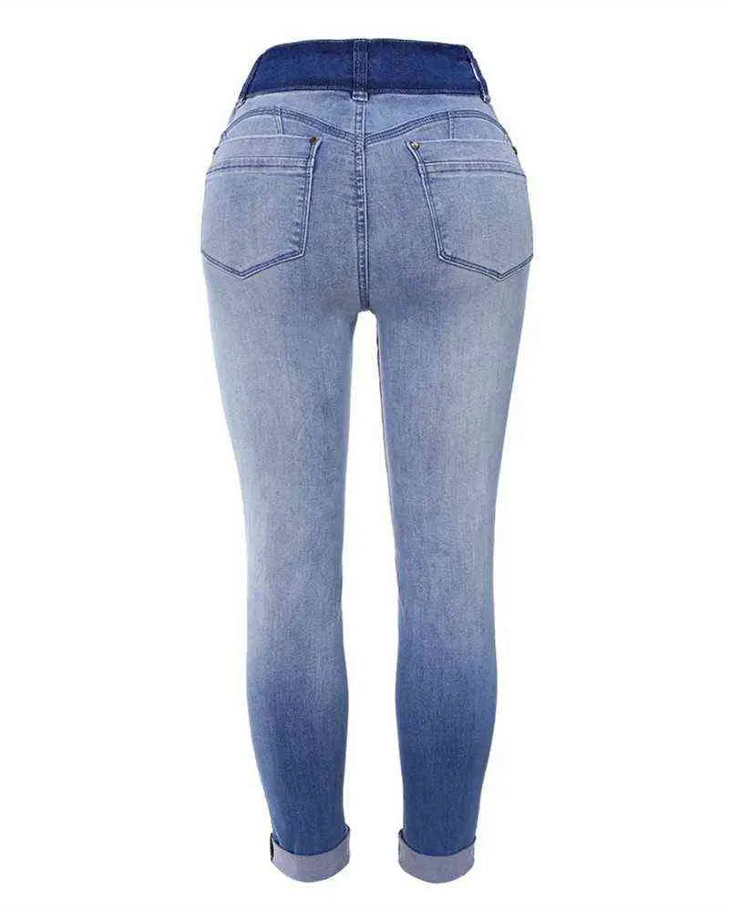 Zip Fly Ombre Ripped Skinny Jeans Kvinnor Hög midja Denim Pants -knappfickorna Solid färg Sexig Slim Ankel längd Jeans L220726