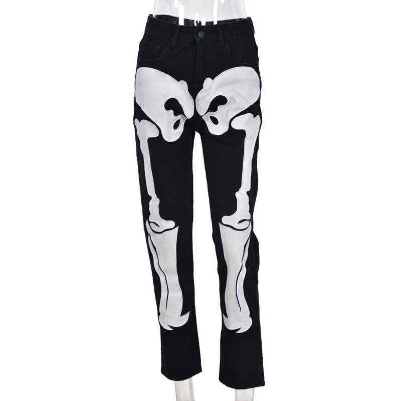 HAOYUAN Jeans a vita bassa con fantasia scheletro Pantaloni streetwear da donna sexy in denim nero Cyber Y2k Goth Cargo Pants Autunno 2021 T220728