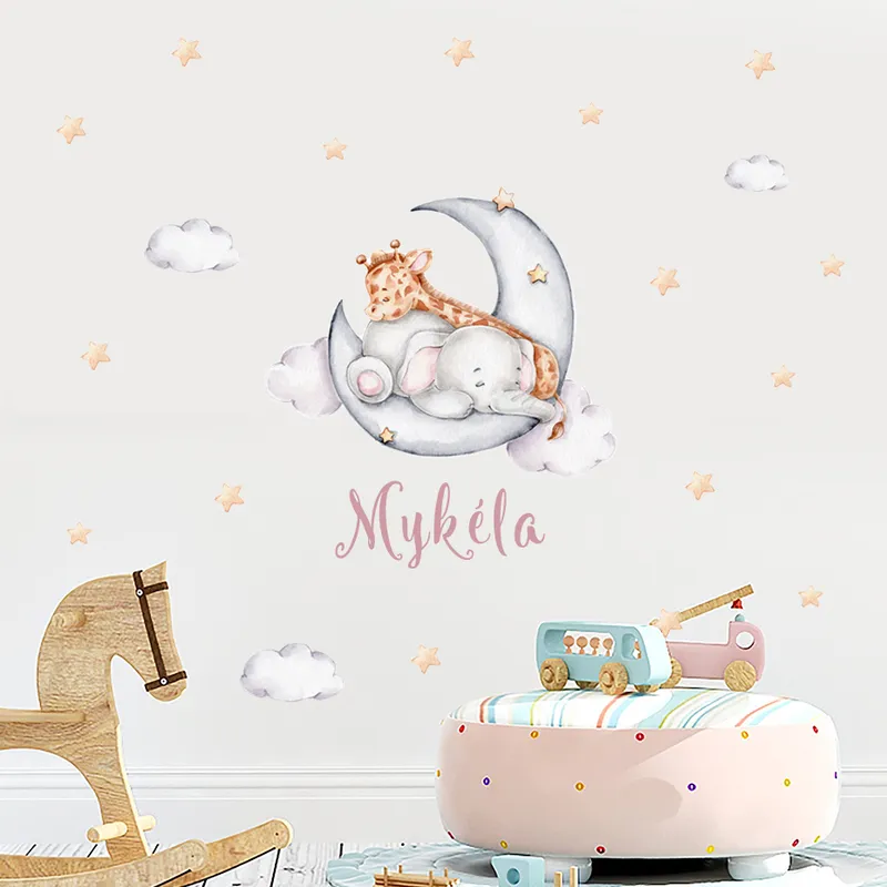 Custom Baby Name Elephant Giraffe Moon Stars Watercolor Wall Sticker Nursery Removable Vinyl Wall Decals Mural Kids Room Decor 220613