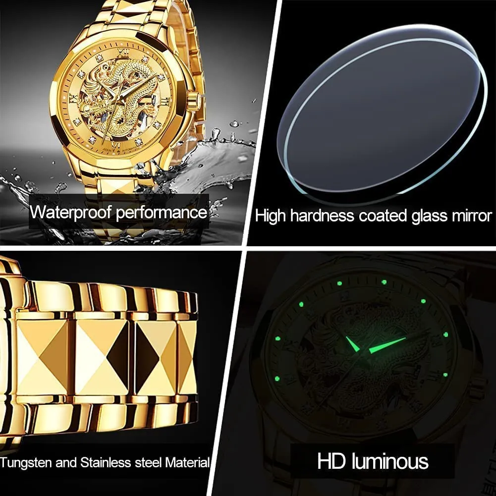 Montres squelette en or pour hommes automatique Dragon mécanique robe d'affaires avec acier inoxydable lumineux étanche diamant montre-bracelet de mode