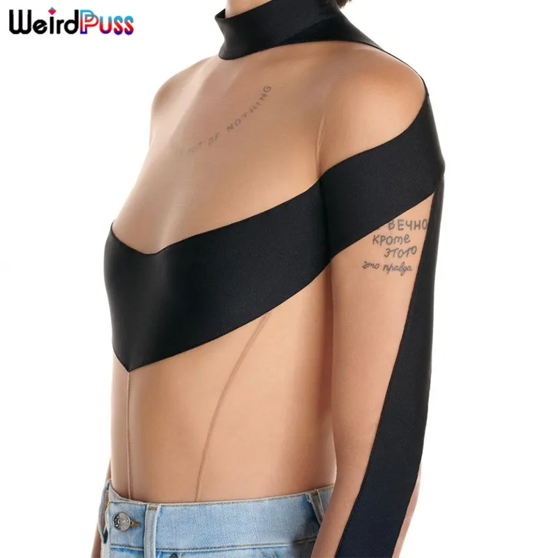 Bodysuits de retalhos de malha sexy de malha estranha femininos de manga longa Moda de moda de moda elástica de manga longa Veja através do verão Wild Top 220511