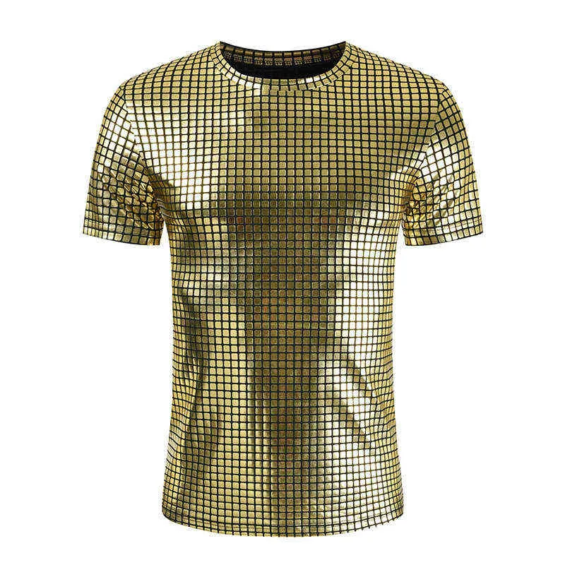 Fashion Plaid Coated Metallic T Shirt Men 2022 Marka Slim Short Sleeve T-shirty Men Dj Nightclub Stage Piosenkarz PROM COMME L220704