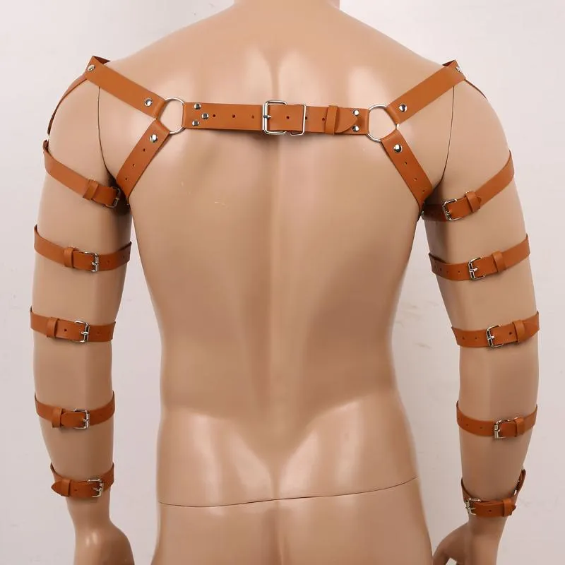Pasy męskie seksowne w klatce mięśnie ciała uprzężę gotycka punk -skórzana ograniczenie pasmo kostiumowe cosplay cosplay ramię pasek klatki piersiowej AR178D