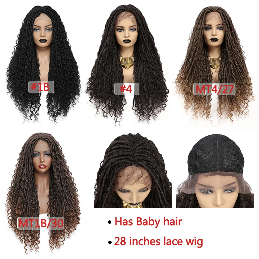 Synthetic Wig Ombre Brown Colored Goddess Long Straight Mixed Curly End Faux Locs Crochet Braids Wig For Black Women Softfactory direct